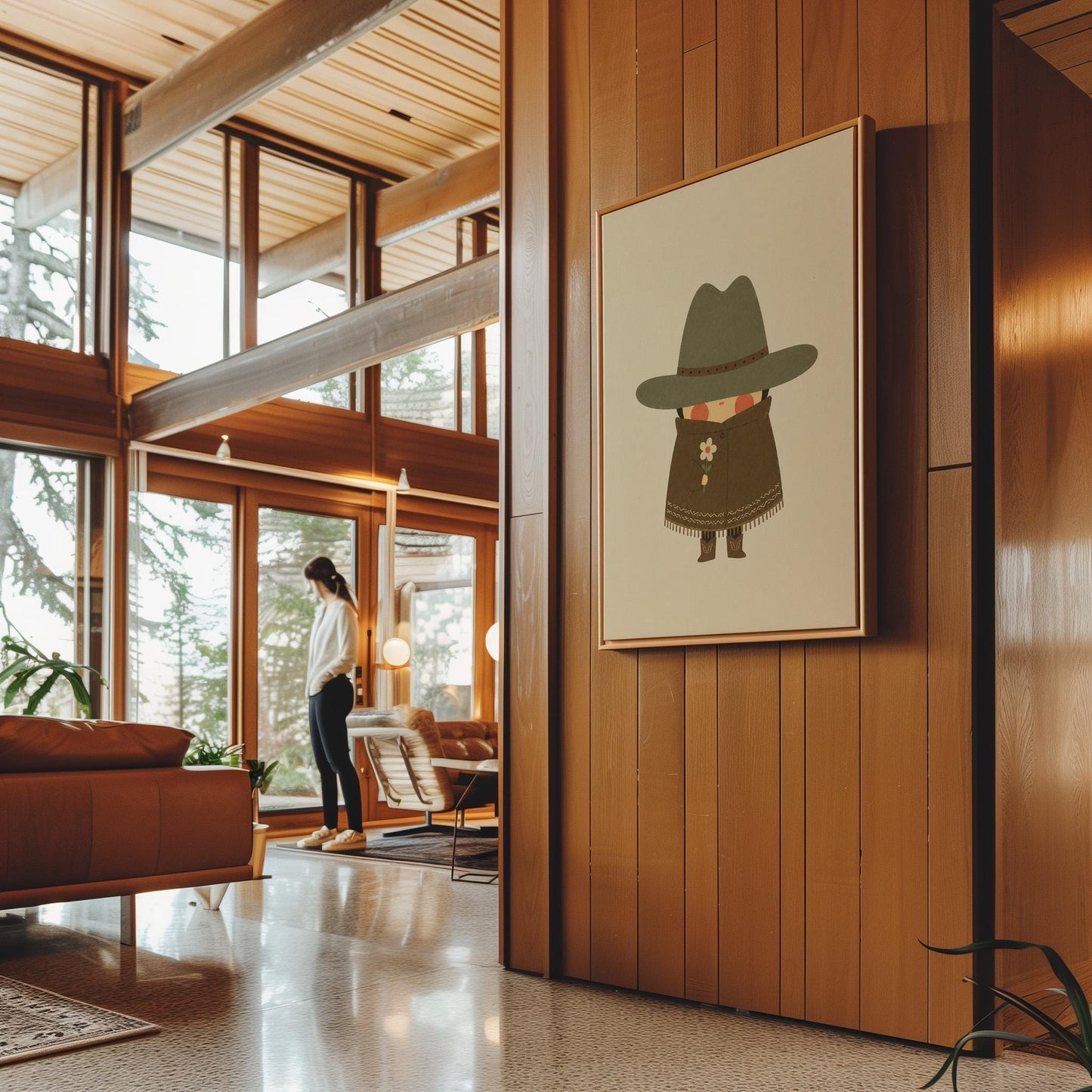 Tiny cowboy in a wide hat and fringed coat holding a daisy, canvas print shown in a sunlit, contemporary room