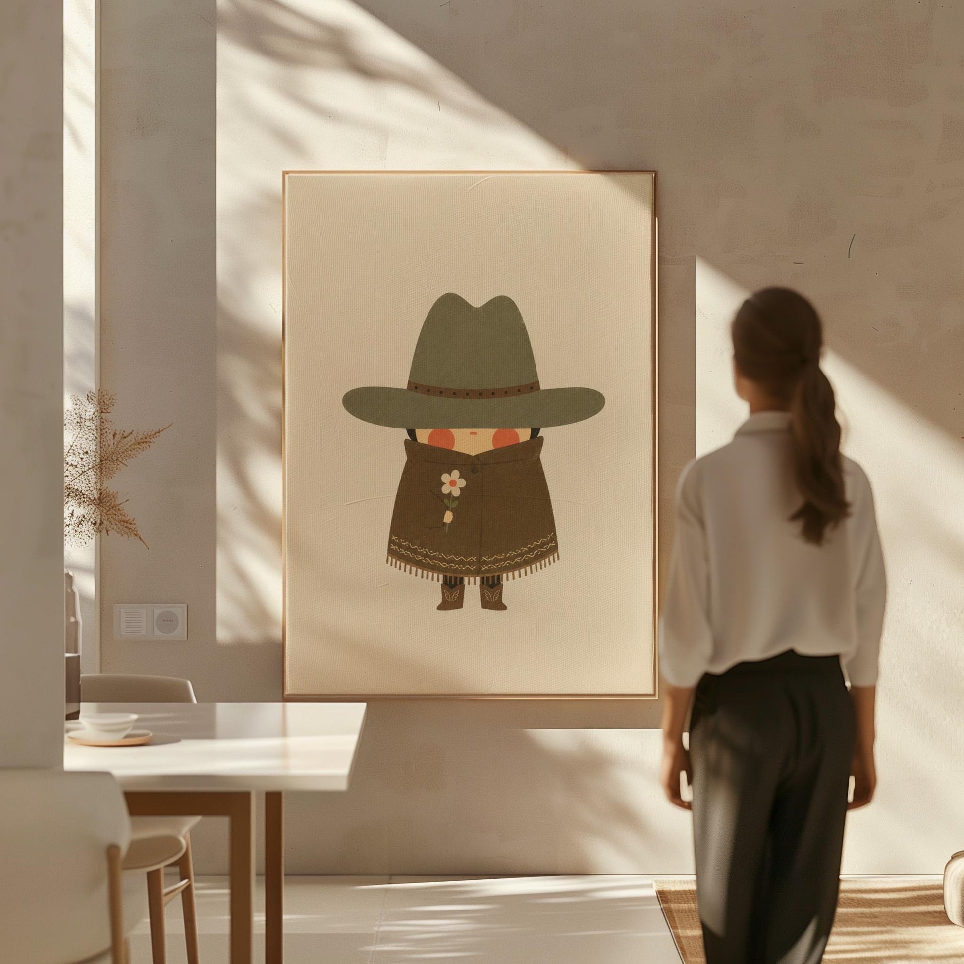 Tiny cowboy in a wide hat and fringed coat holding a daisy, canvas wall art styled against a soft white wall