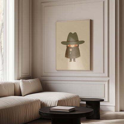 Tiny cowboy in a wide hat and fringed coat holding a daisy, canvas wall art seen in a warm interior with natural light