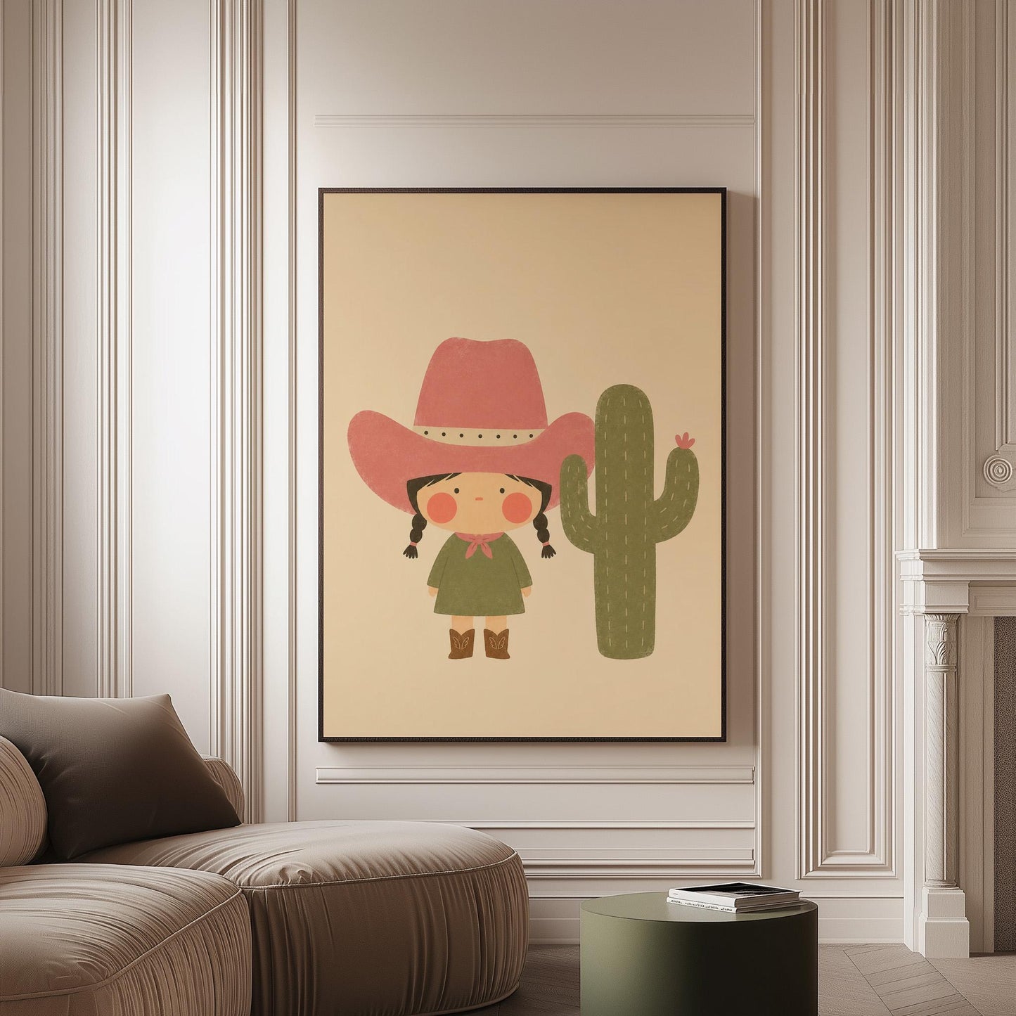 Little cowgirl in a pink hat next to a tall flowering cactus, canvas print on a softly lit wall in a calm interior