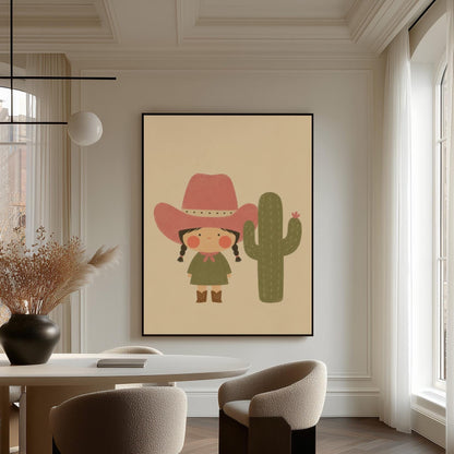 Little cowgirl in a pink hat next to a tall flowering cactus, canvas print shown in a sunlit, contemporary room