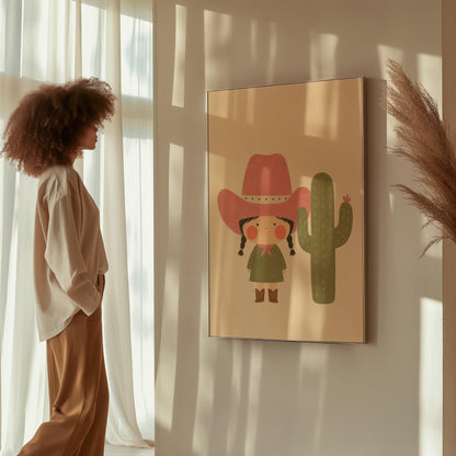 Little cowgirl in a pink hat next to a tall flowering cactus, canvas wall art styled against a soft white wall