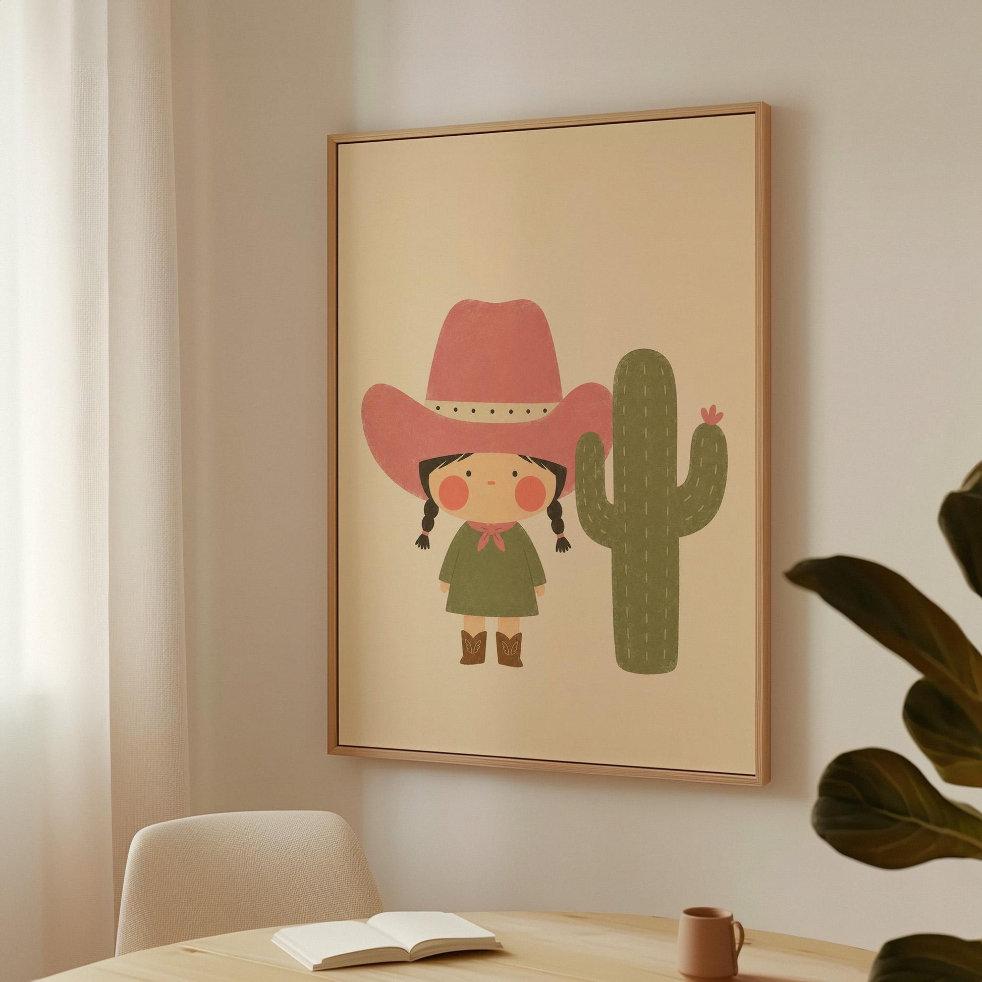 Little cowgirl in a pink hat next to a tall flowering cactus, canvas wall art on a quiet wall in a considered interior