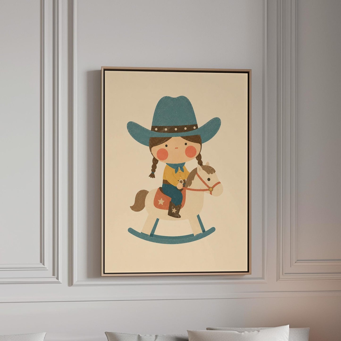 Child in a teal hat riding a cream rocking horse with stars, canvas print in a bright room with natural daylight