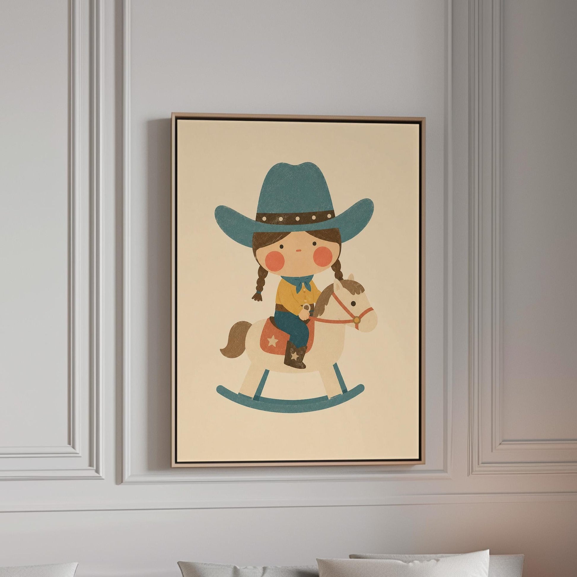 Child in a teal hat riding a cream rocking horse with stars, canvas print in a bright room with natural daylight