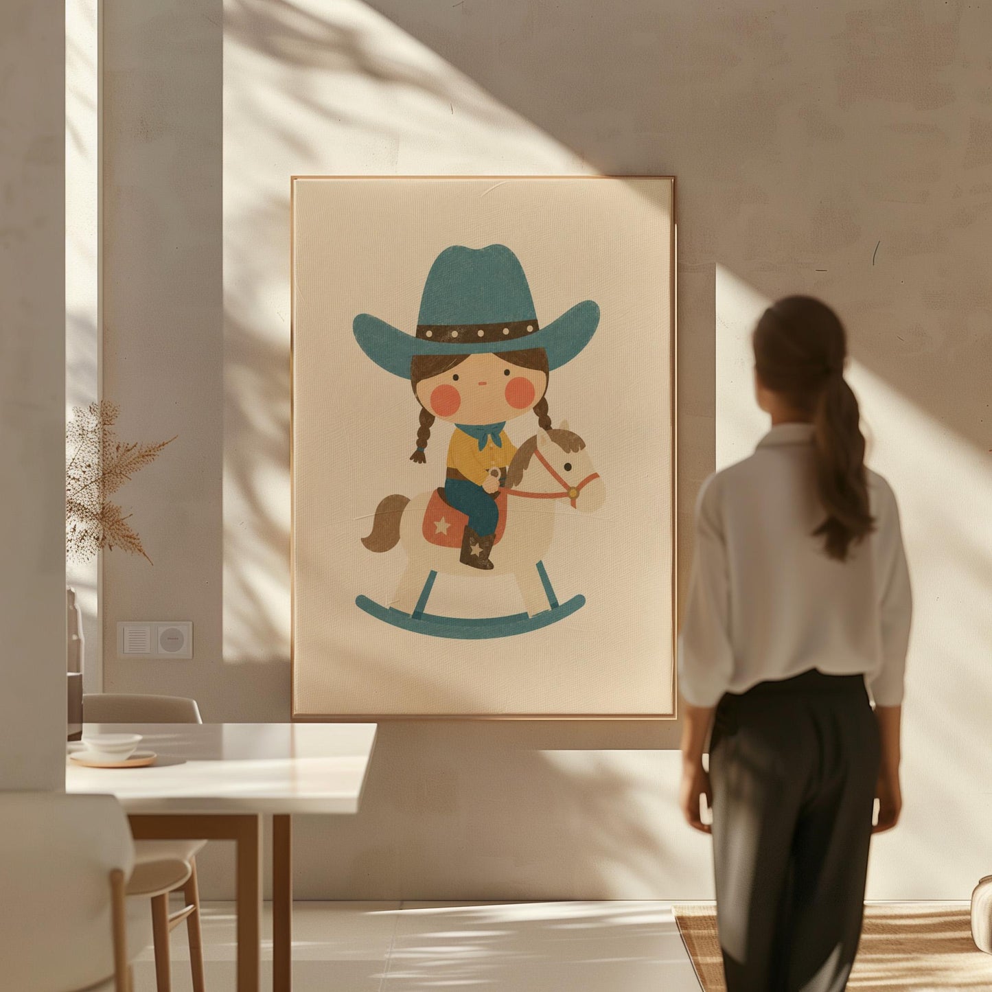 Child in a teal hat riding a cream rocking horse with stars, canvas print on a quiet wall in a considered interior