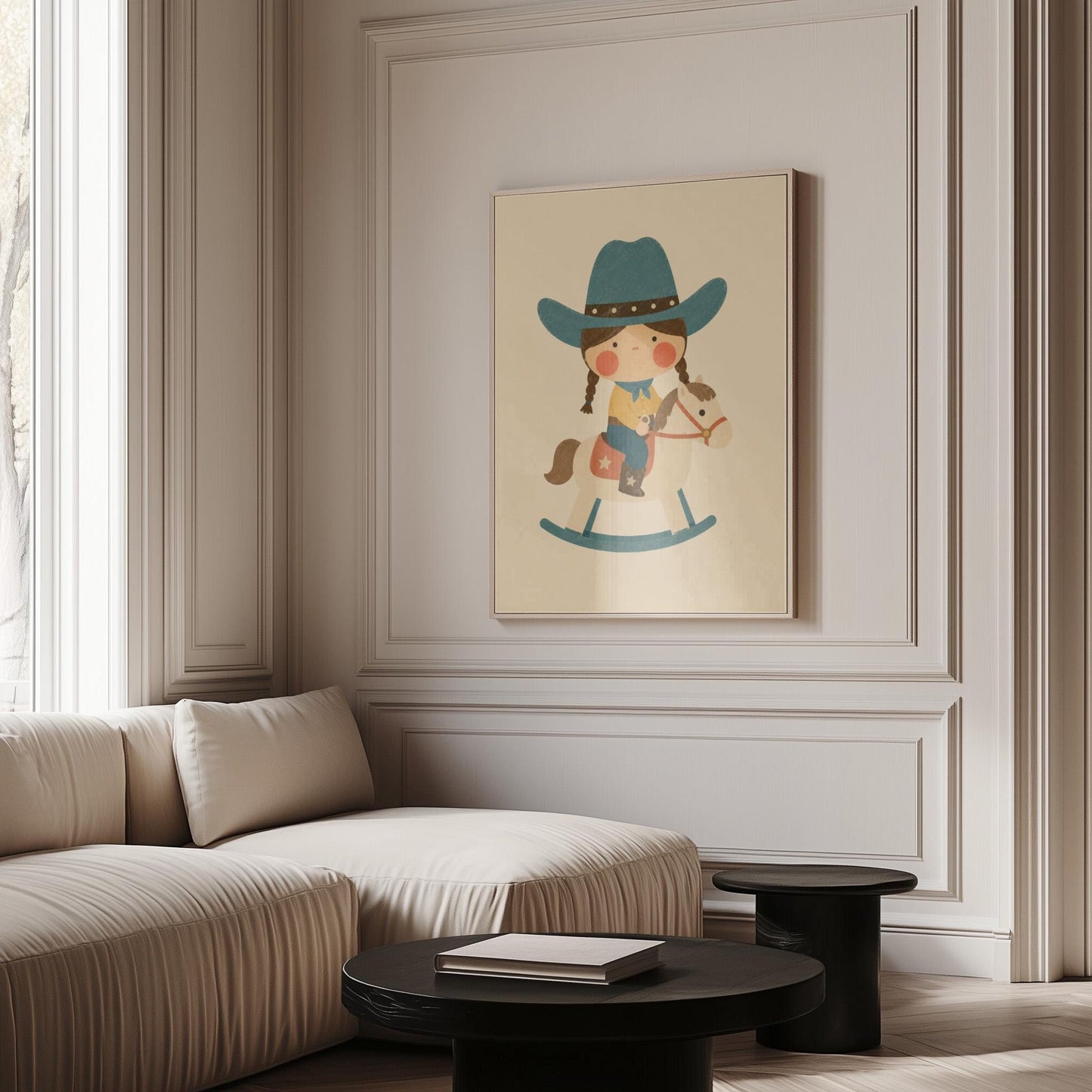 Child in a teal hat riding a cream rocking horse with stars, canvas wall art hanging in a calm, modern living space