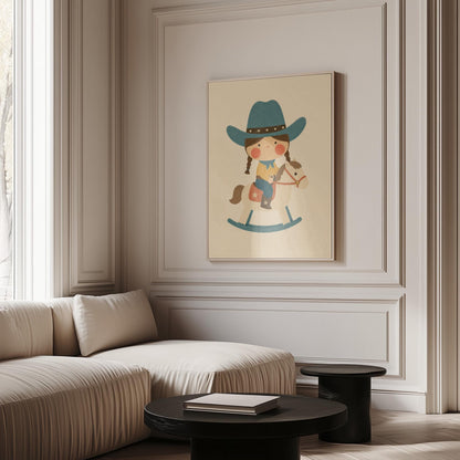 Child in a teal hat riding a cream rocking horse with stars, canvas wall art hanging in a calm, modern living space
