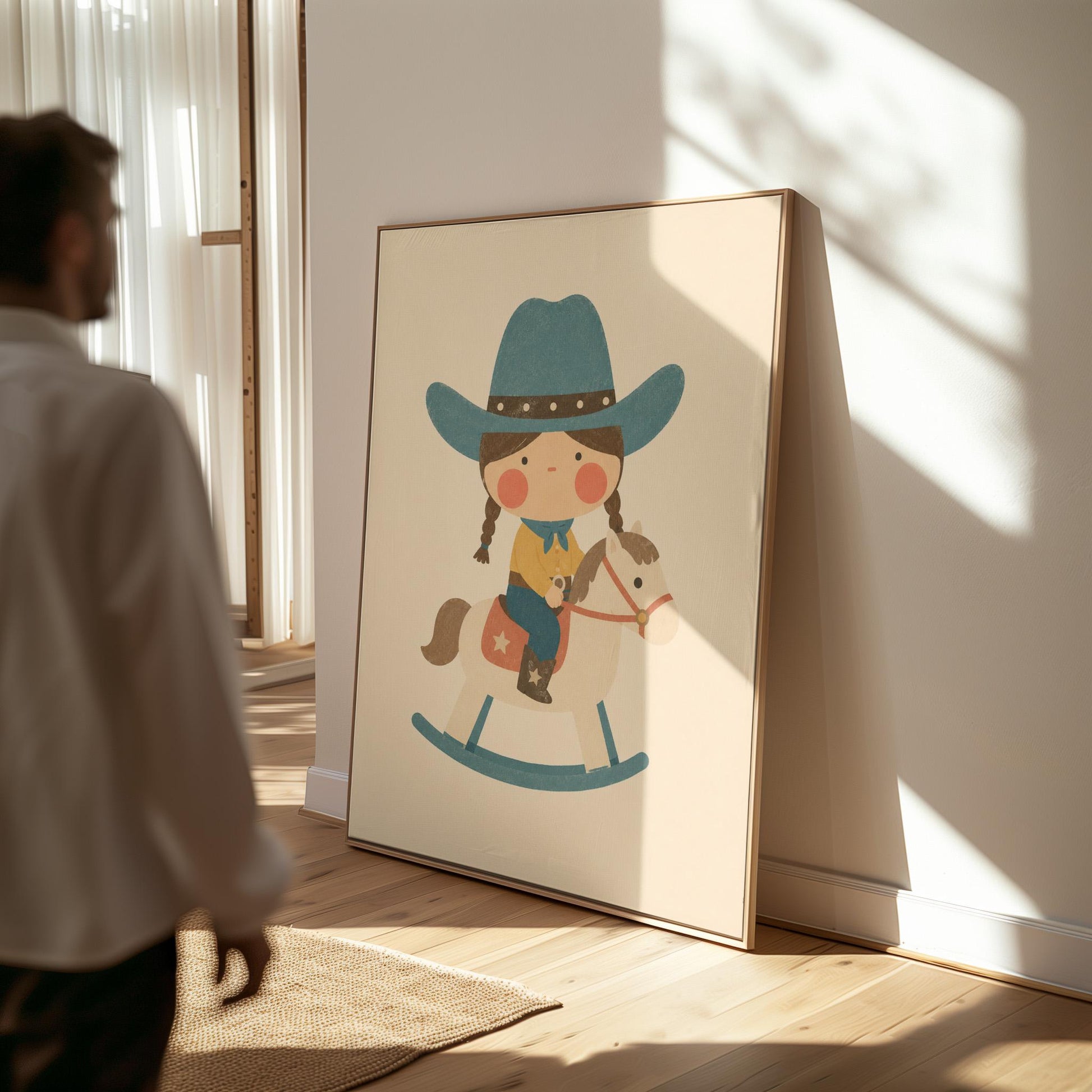 Child in a teal hat riding a cream rocking horse with stars, canvas wall art seen in a warm interior with natural light