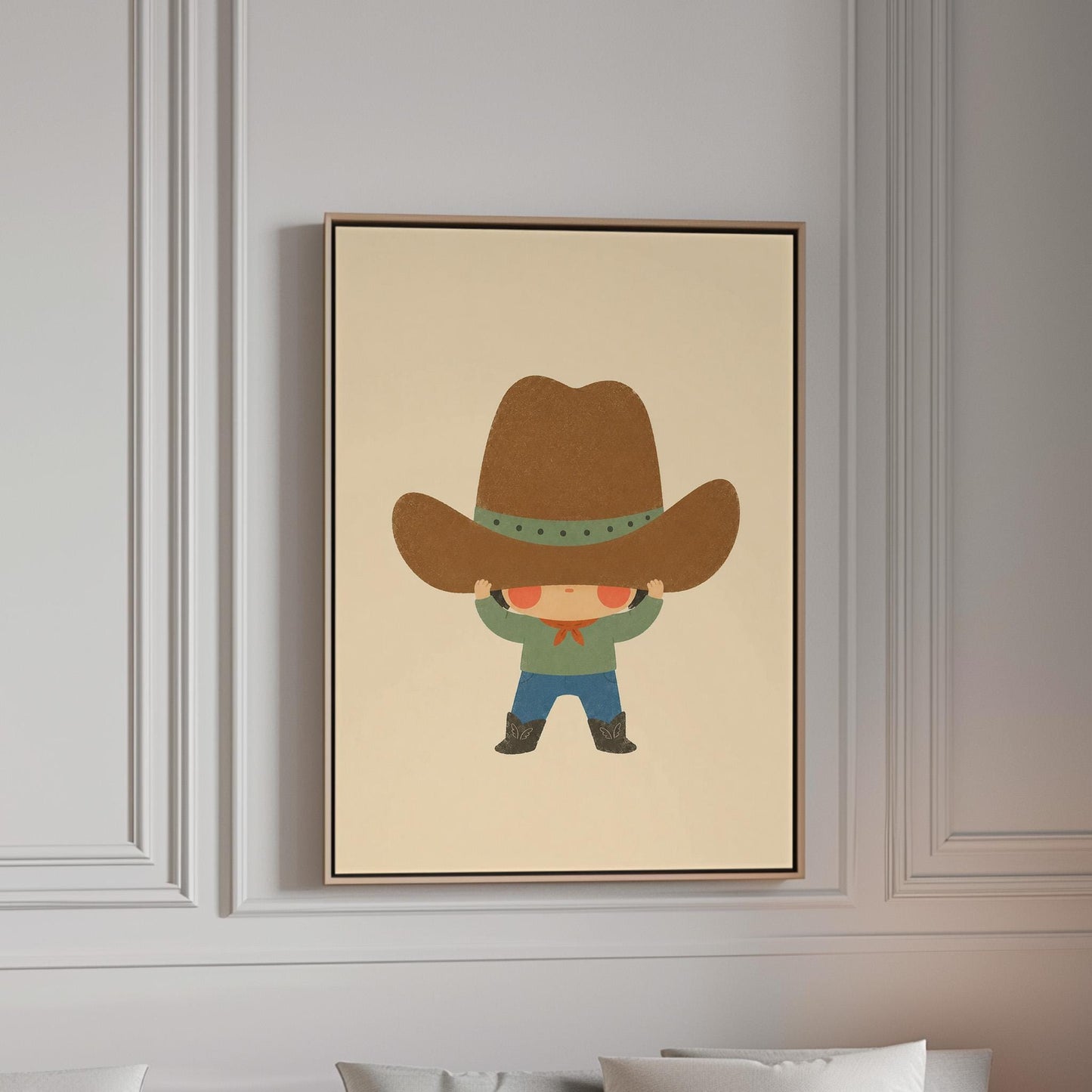 Child lifting an enormous brown cowboy hat above their eyes, canvas print in a bright room with natural daylight