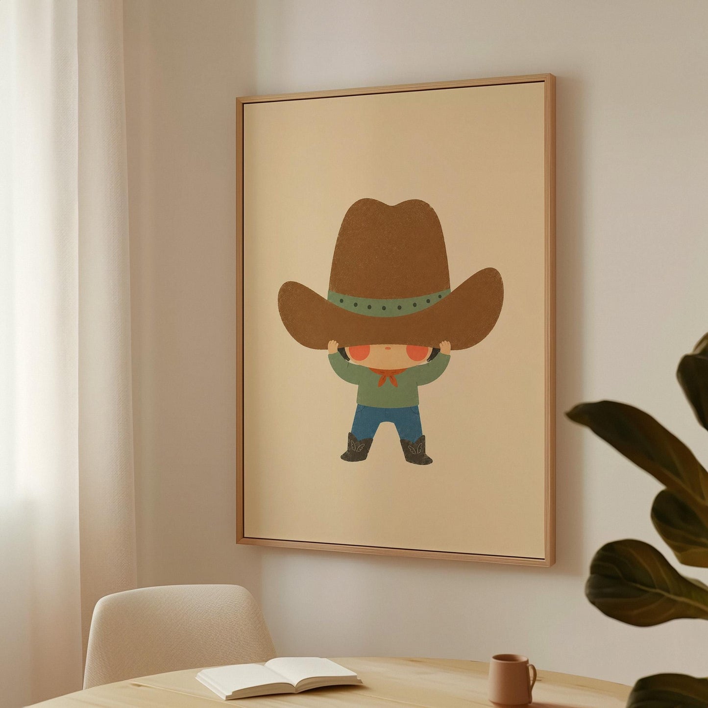 Child lifting an enormous brown cowboy hat above their eyes, canvas print presented in a light, minimal room