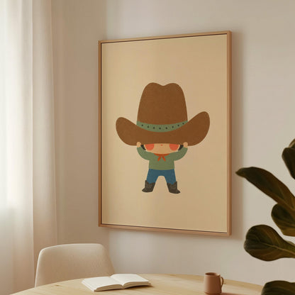 Child lifting an enormous brown cowboy hat above their eyes, canvas print presented in a light, minimal room