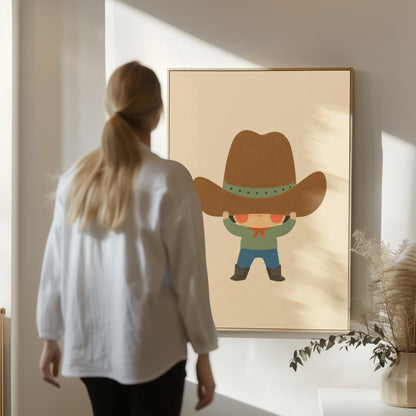 Child lifting an enormous brown cowboy hat above their eyes, canvas print shown to scale in a furnished room