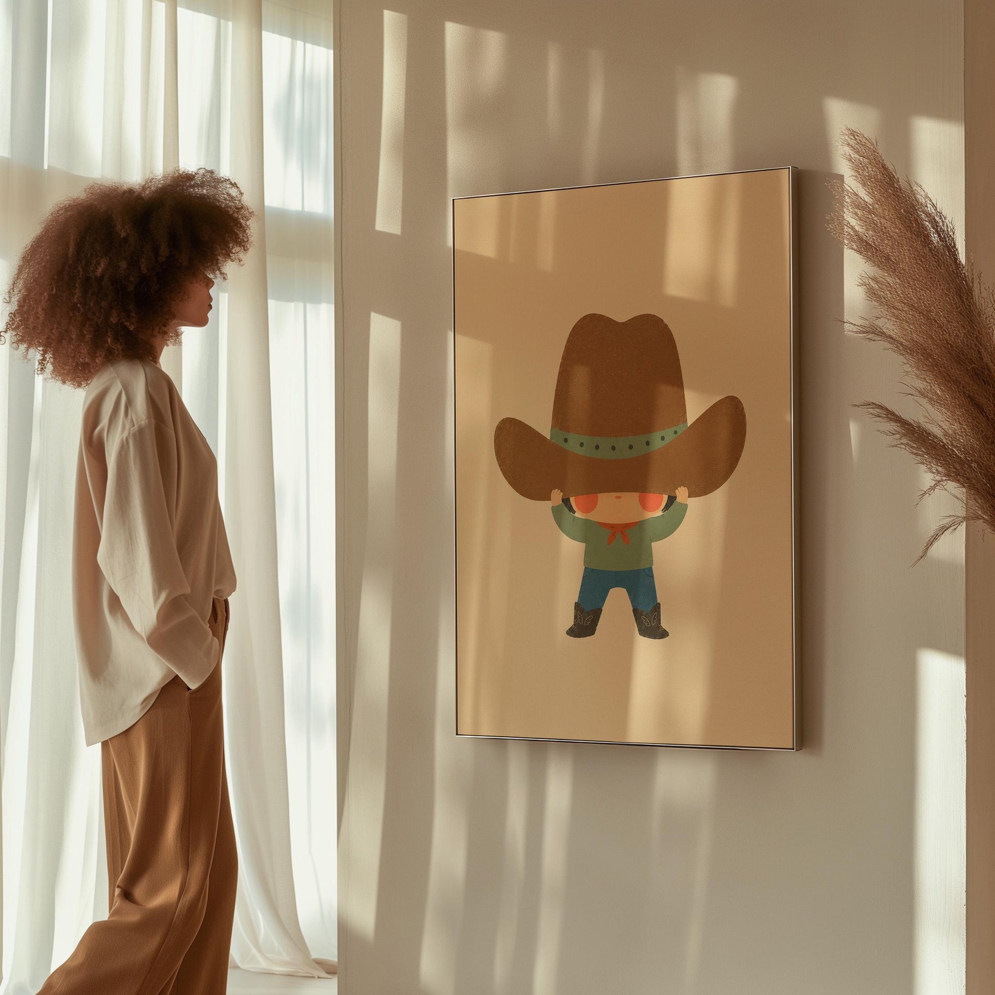Child lifting an enormous brown cowboy hat above their eyes, canvas print displayed on a neutral wall in a styled interior
