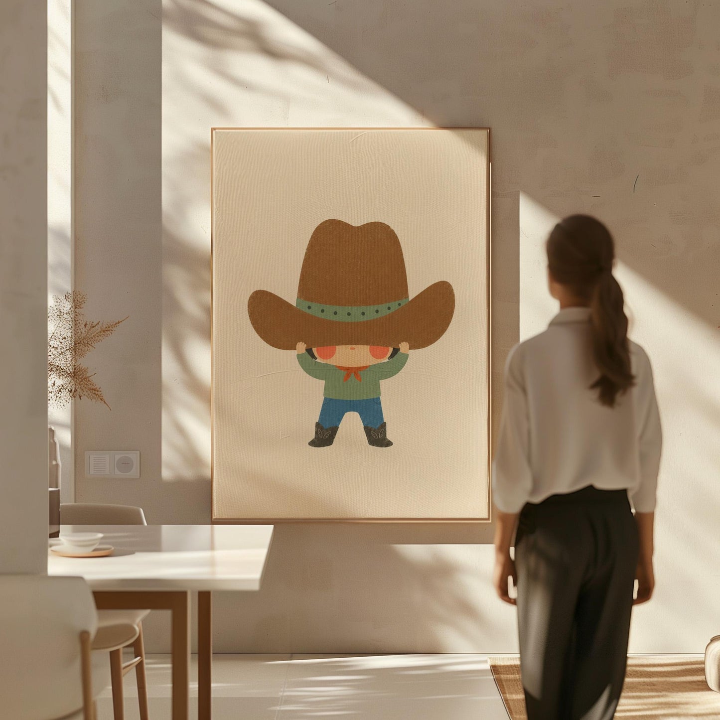 Child lifting an enormous brown cowboy hat above their eyes, canvas print shown in a sunlit, contemporary room