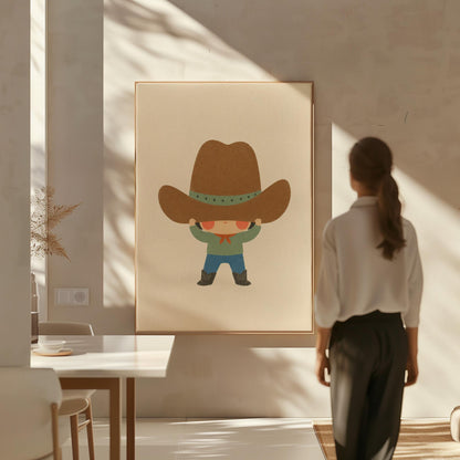 Child lifting an enormous brown cowboy hat above their eyes, canvas print shown in a sunlit, contemporary room