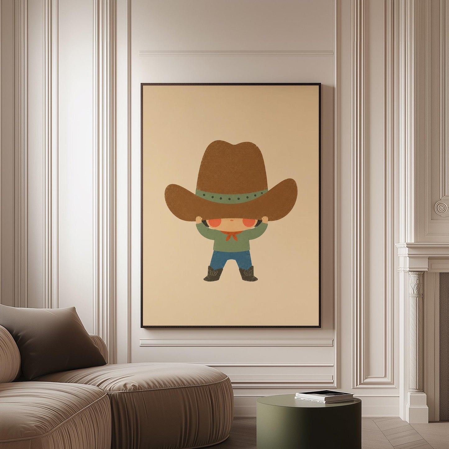 Child lifting an enormous brown cowboy hat above their eyes, canvas print on a softly lit wall in a calm interior