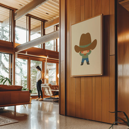 Child lifting an enormous brown cowboy hat above their eyes, canvas wall art presented in a light, minimal room