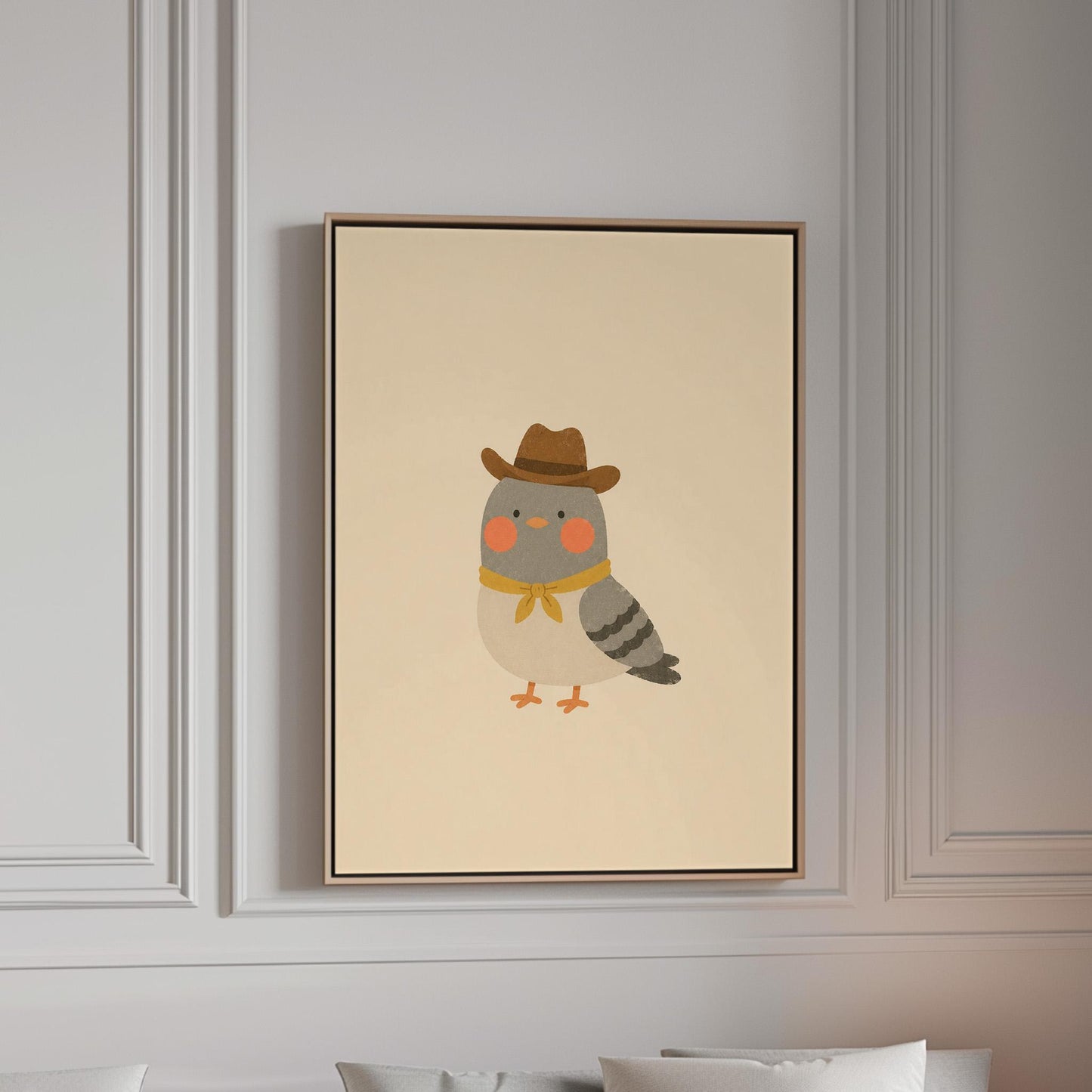 Round grey bird wearing a tiny cowboy hat and yellow bandana, canvas print in a bright room with natural daylight