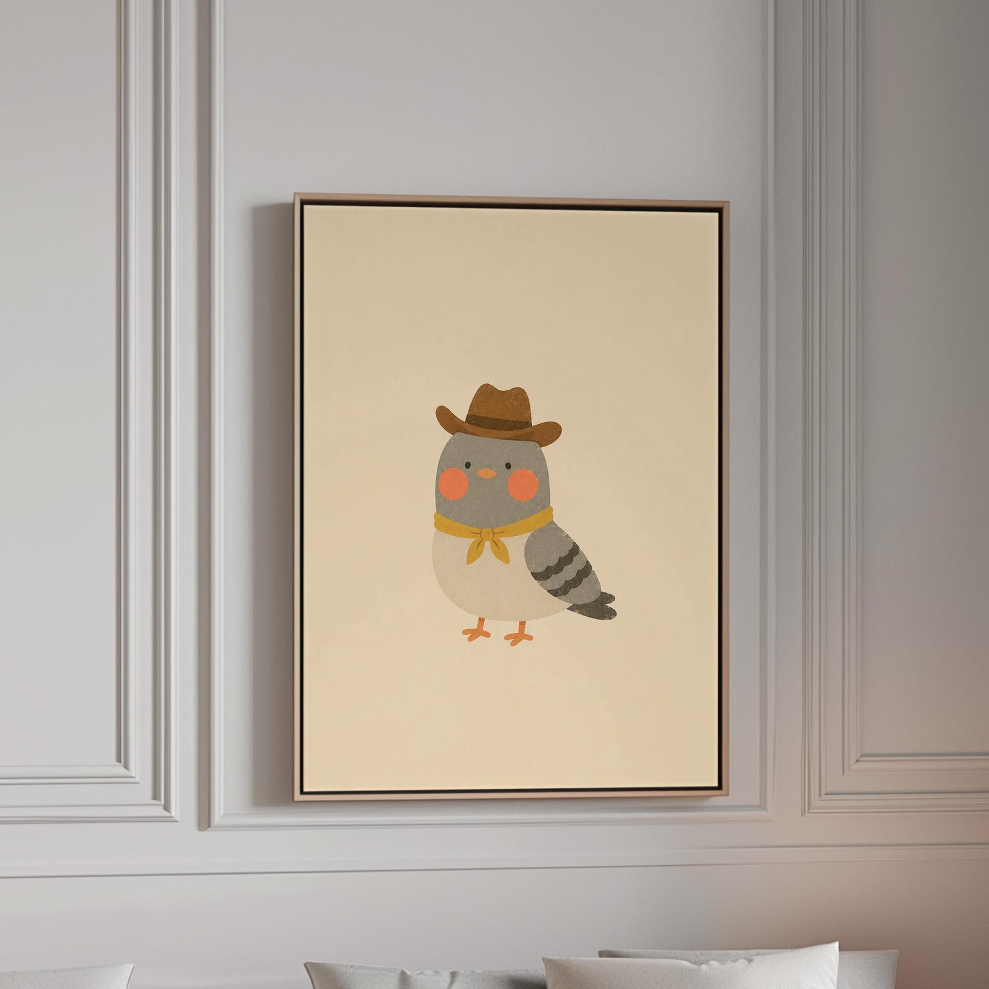 Round grey bird wearing a tiny cowboy hat and yellow bandana, canvas print in a bright room with natural daylight