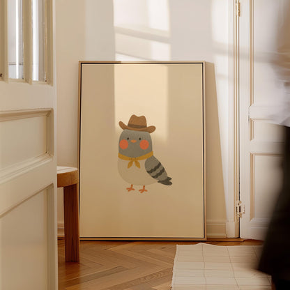 Round grey bird wearing a tiny cowboy hat and yellow bandana, canvas print styled against a soft white wall