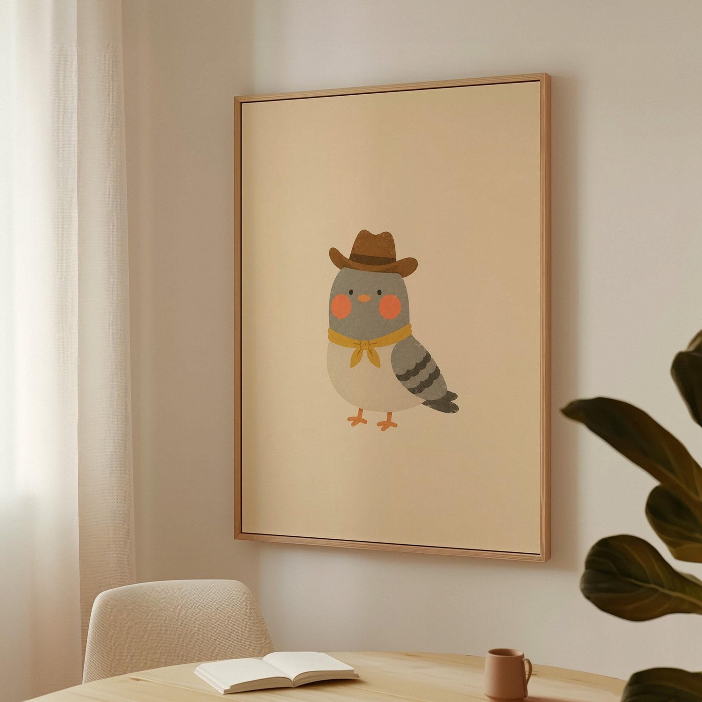 Round grey bird wearing a tiny cowboy hat and yellow bandana, canvas print shown in a sunlit, contemporary room