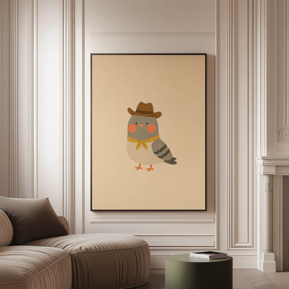 Round grey bird wearing a tiny cowboy hat and yellow bandana, canvas print on a softly lit wall in a calm interior