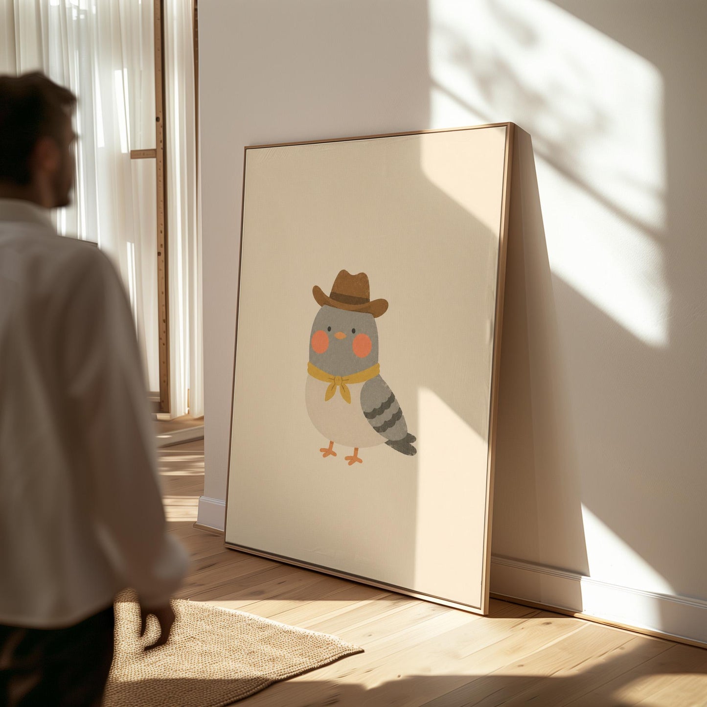 Round grey bird wearing a tiny cowboy hat and yellow bandana, canvas wall art presented in a light, minimal room