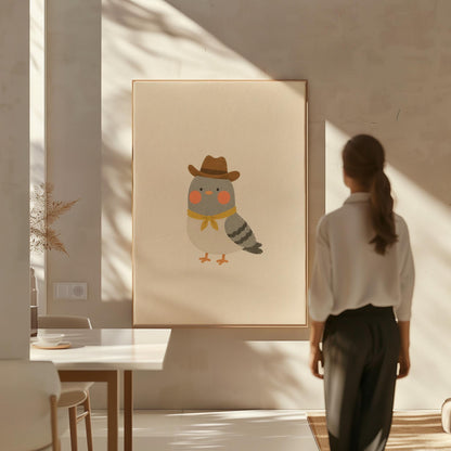 Round grey bird wearing a tiny cowboy hat and yellow bandana, canvas wall art on a quiet wall in a considered interior