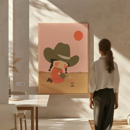 Cowgirl in a green hat watering a small flower in the desert, canvas print displayed on a neutral wall in a styled interior