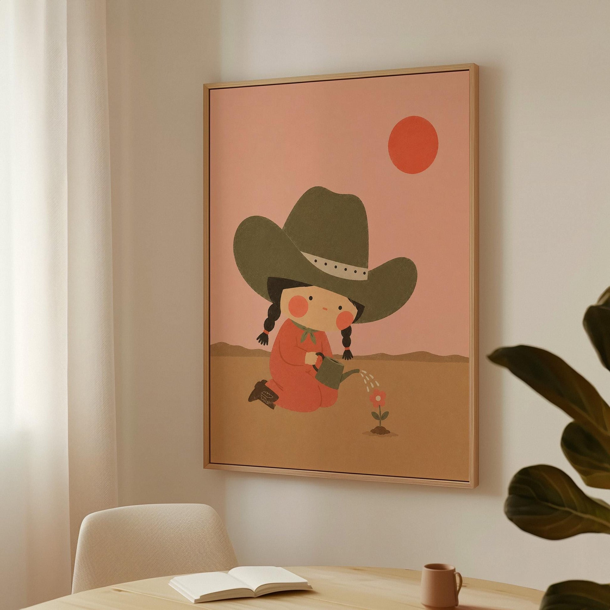 Cowgirl in a green hat watering a small flower in the desert, canvas wall art seen in a warm interior with natural light