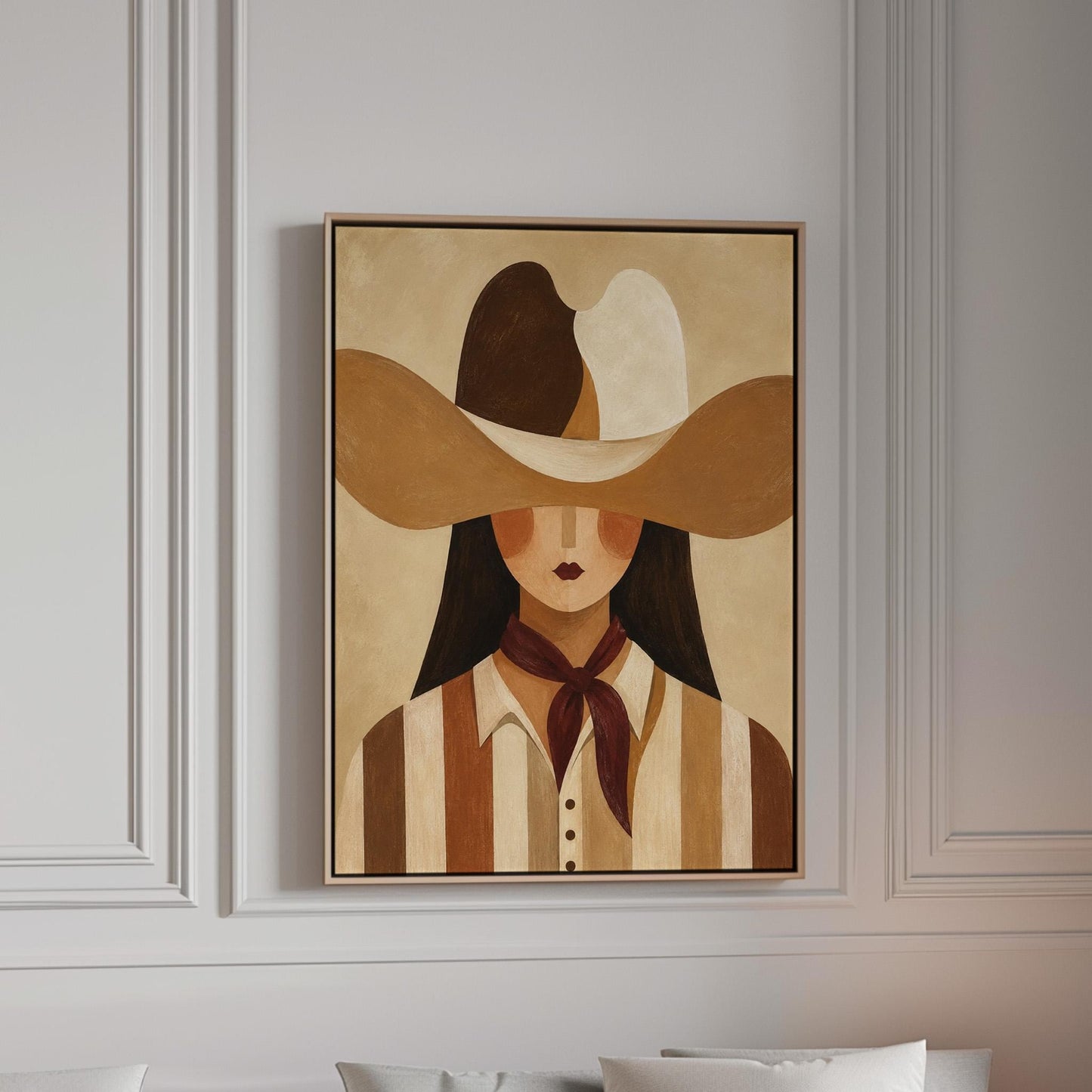 Cowgirl in a sweeping two-tone hat with a burgundy neckerchief, canvas print in a bright room with natural daylight