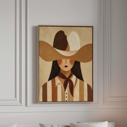 Cowgirl in a sweeping two-tone hat with a burgundy neckerchief, canvas print in a bright room with natural daylight