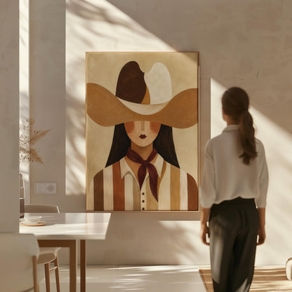 Cowgirl in a sweeping two-tone hat with a burgundy neckerchief, canvas print styled against a soft white wall