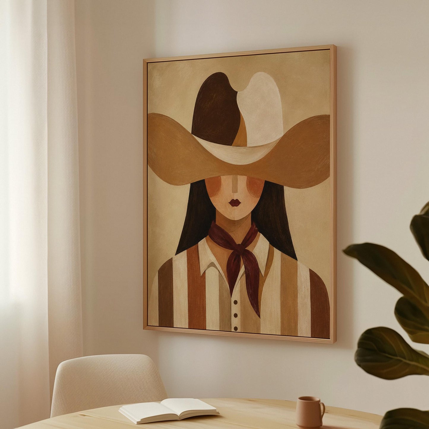 Cowgirl in a sweeping two-tone hat with a burgundy neckerchief, canvas print seen in a warm interior with natural light