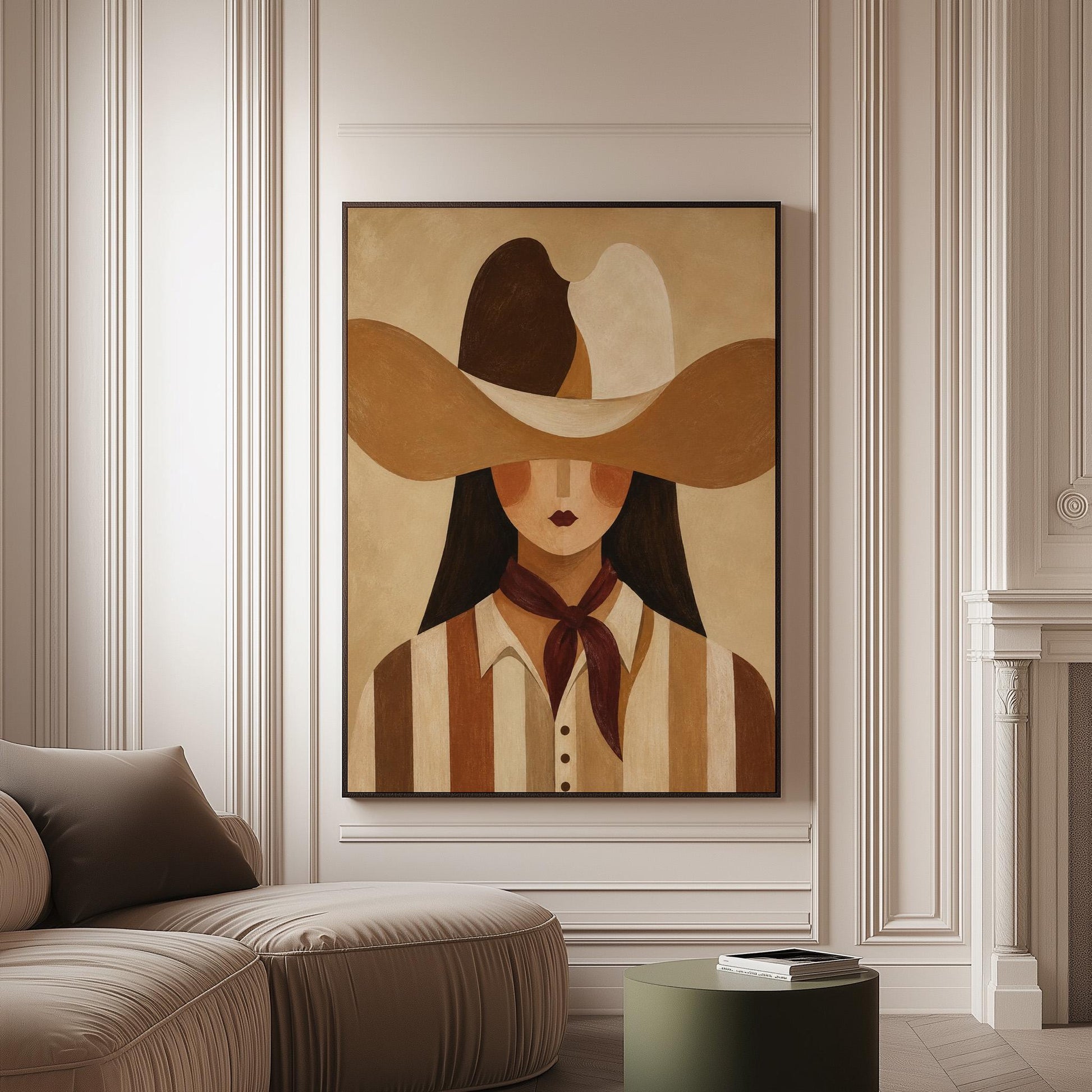 Cowgirl in a sweeping two-tone hat with a burgundy neckerchief, canvas print on a softly lit wall in a calm interior