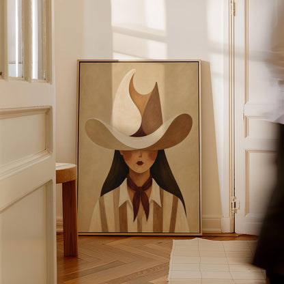 Cowgirl beneath a curling cream and brown wave shaped hat, canvas print presented in a light, minimal room