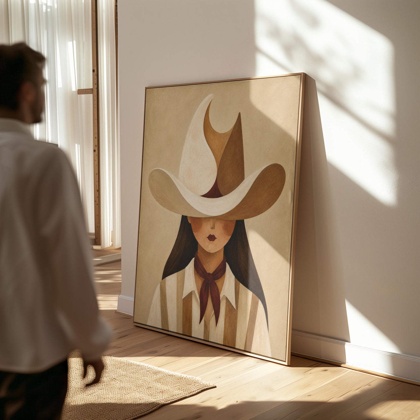 Cowgirl beneath a curling cream and brown wave shaped hat, canvas print on a quiet wall in a considered interior