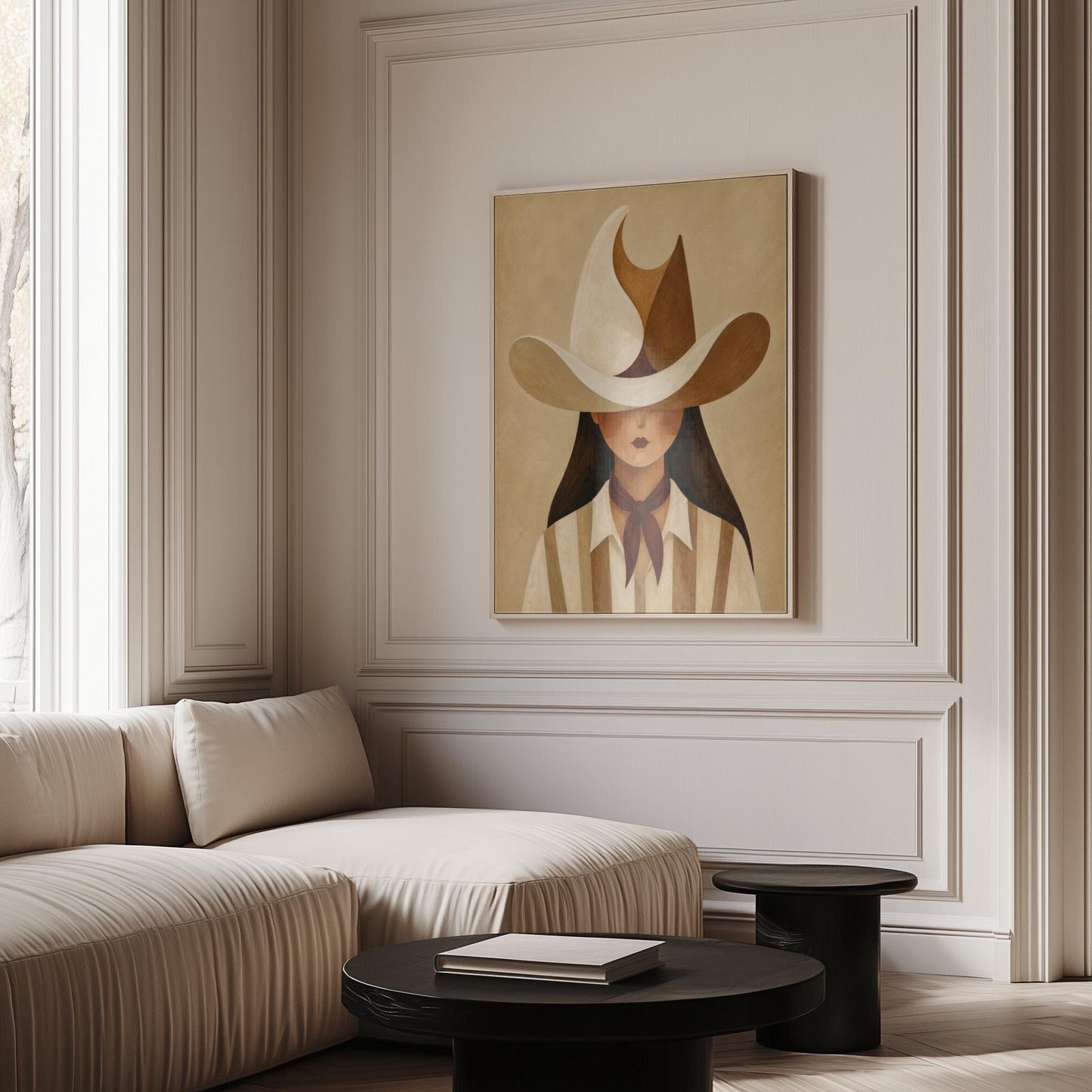 Cowgirl beneath a curling cream and brown wave shaped hat, canvas print displayed on a neutral wall in a styled interior