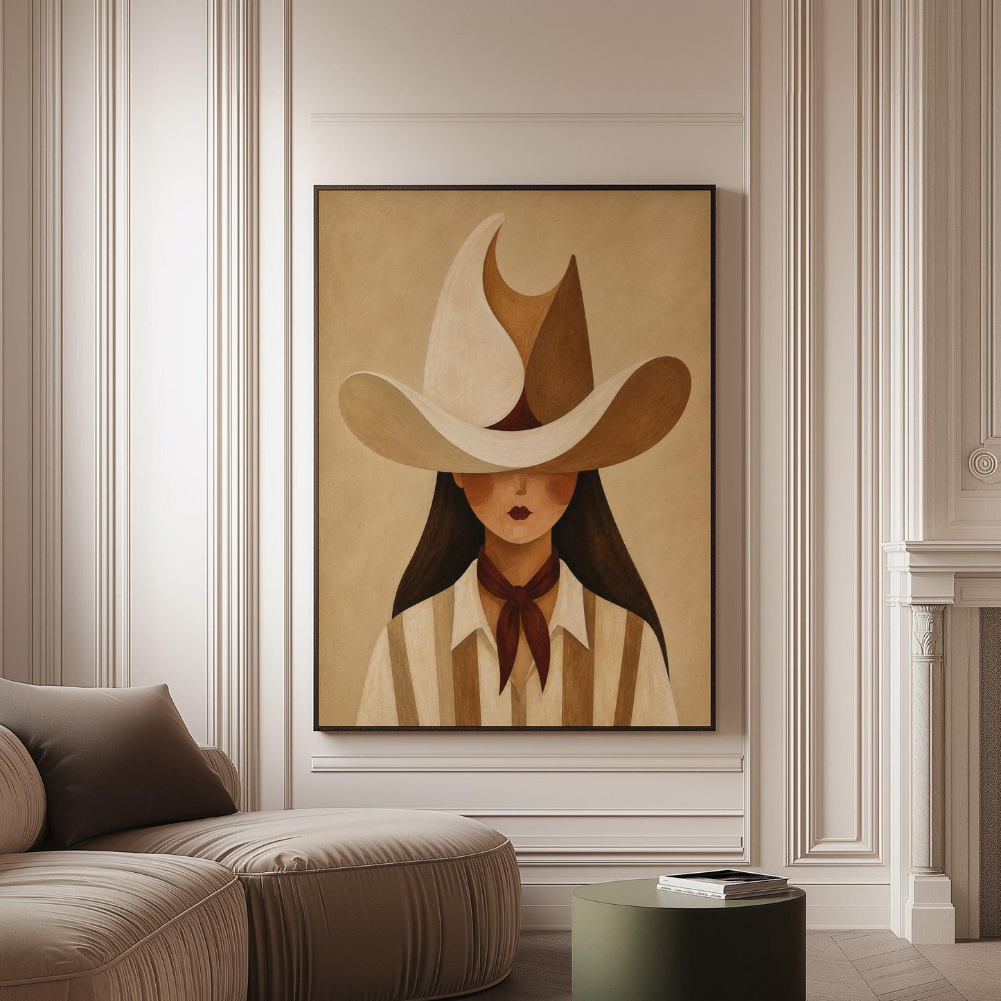 Cowgirl beneath a curling cream and brown wave shaped hat, canvas print on a softly lit wall in a calm interior