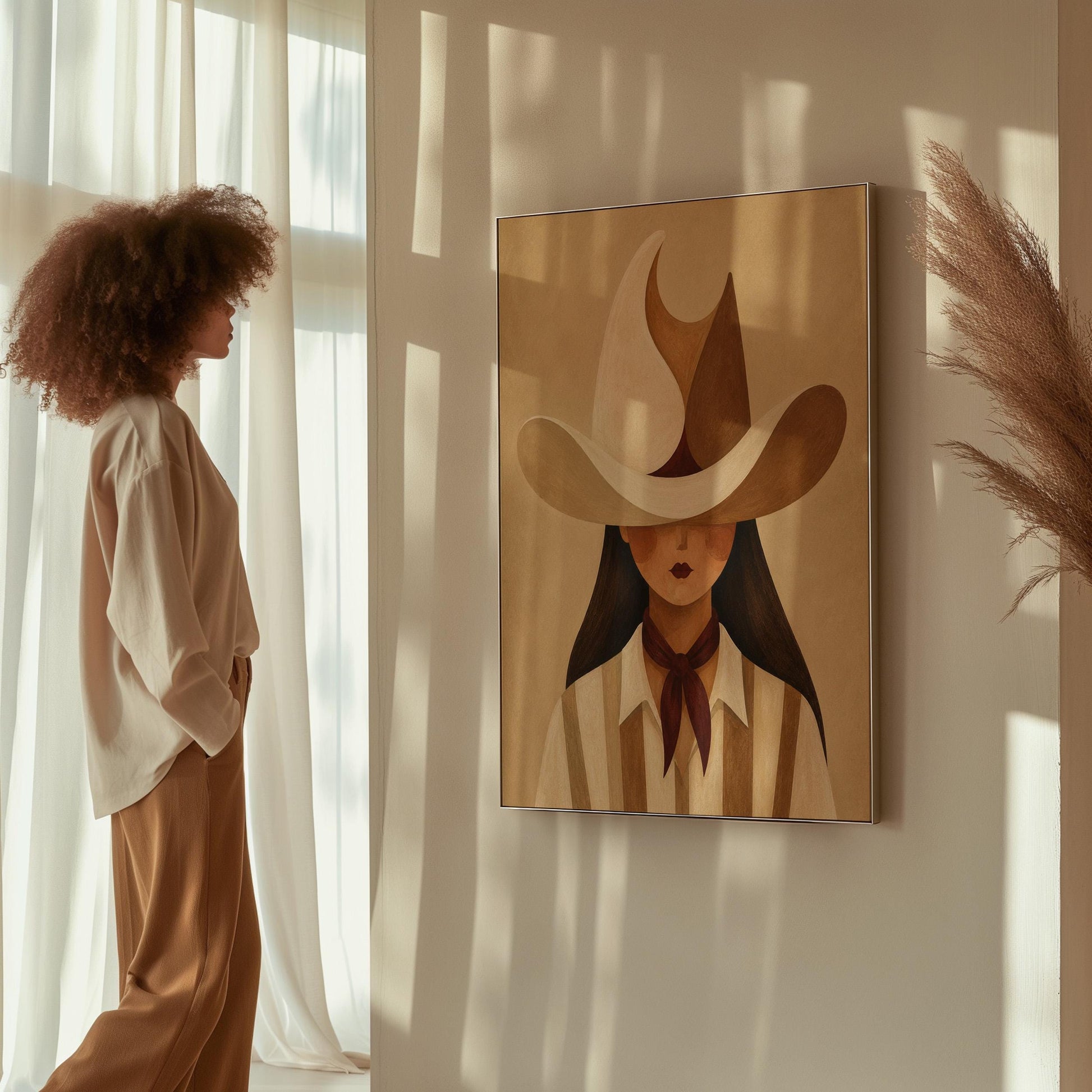 Cowgirl beneath a curling cream and brown wave shaped hat, canvas wall art presented in a light, minimal room