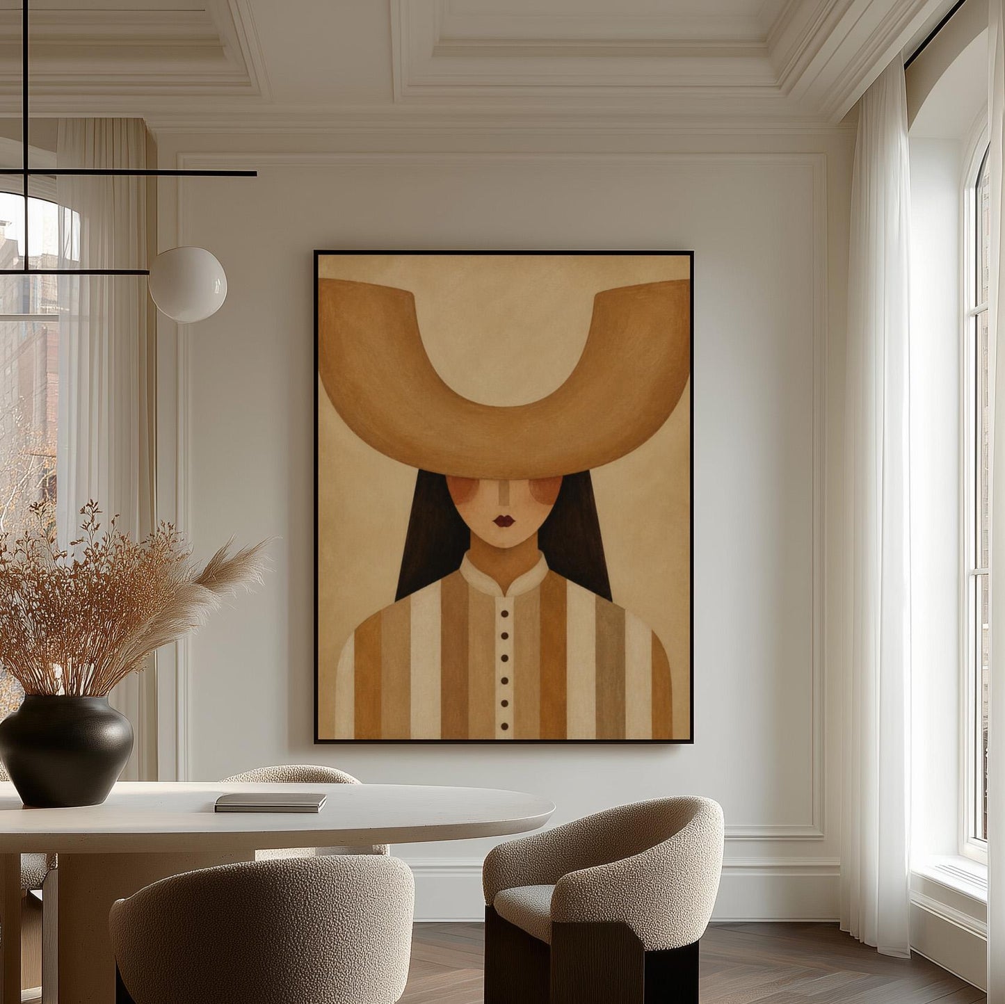 Faceless cowgirl under an enormous curved tan cowboy hat brim shape, canvas print presented in a light, minimal room