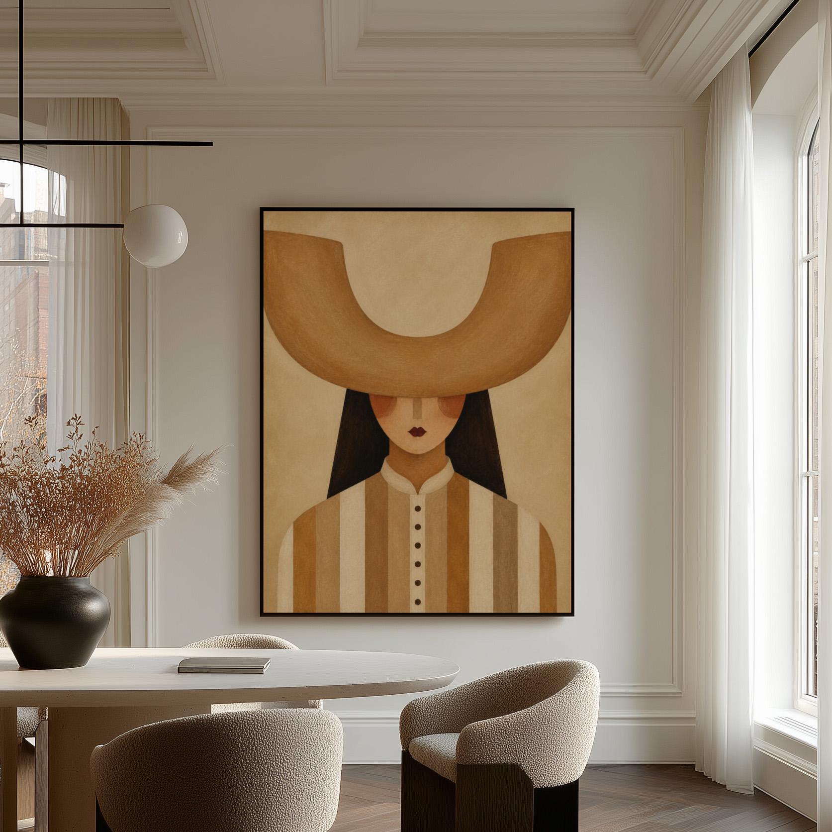 Faceless cowgirl under an enormous curved tan cowboy hat brim shape, canvas print presented in a light, minimal room