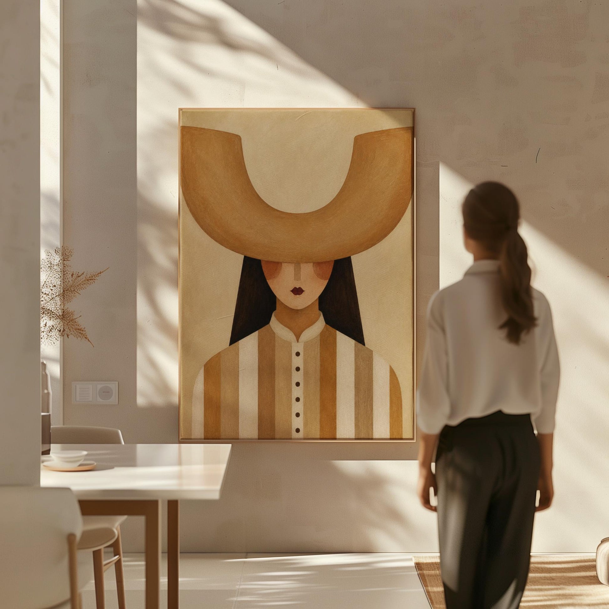 Faceless cowgirl under an enormous curved tan cowboy hat brim shape, canvas wall art styled against a soft white wall
