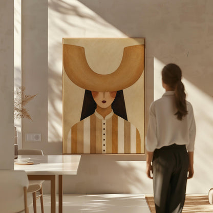 Faceless cowgirl under an enormous curved tan cowboy hat brim shape, canvas wall art styled against a soft white wall