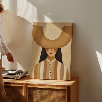 Faceless cowgirl under an enormous curved tan cowboy hat brim shape, canvas wall art presented in a light, minimal room