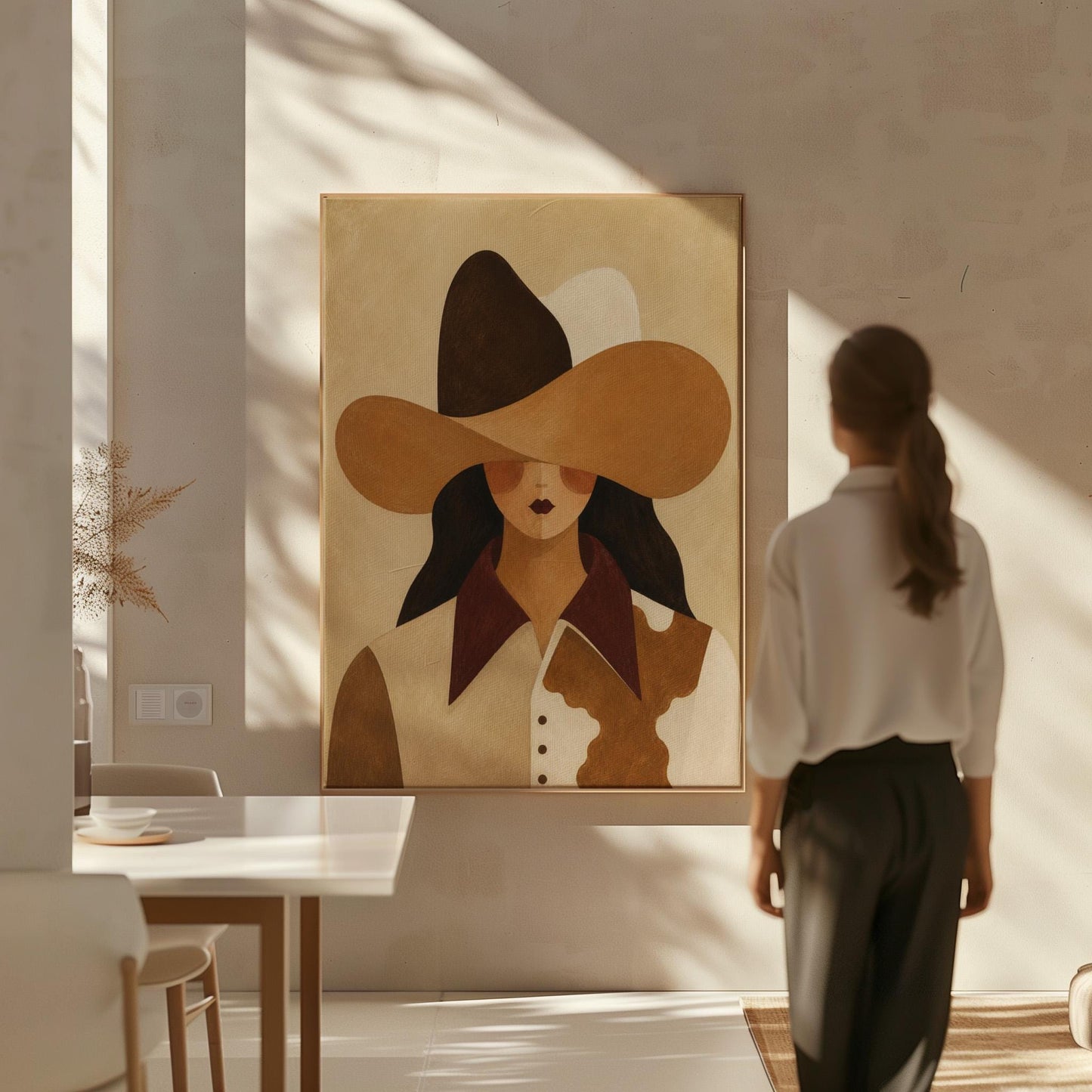 Cowgirl in a black and brown hat wearing a cow print shirt, canvas print on a quiet wall in a considered interior