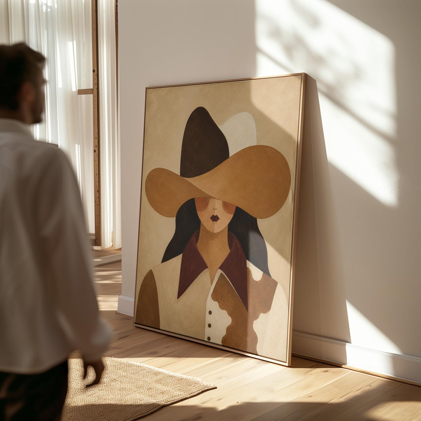 Cowgirl in a black and brown hat wearing a cow print shirt, canvas wall art seen in a warm interior with natural light