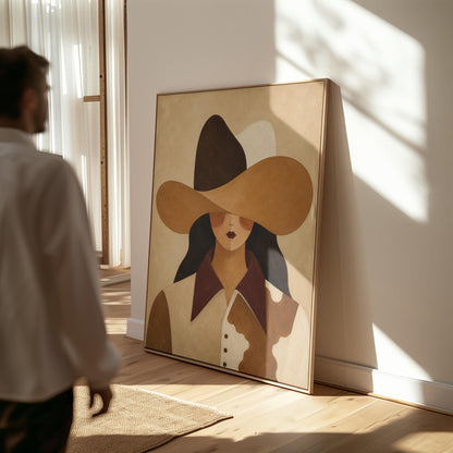 Cowgirl in a black and brown hat wearing a cow print shirt, canvas wall art seen in a warm interior with natural light
