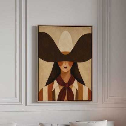 Faceless cowgirl in a wide black hat and mauve neckerchief on tan background, canvas print in a bright room with natural daylight
